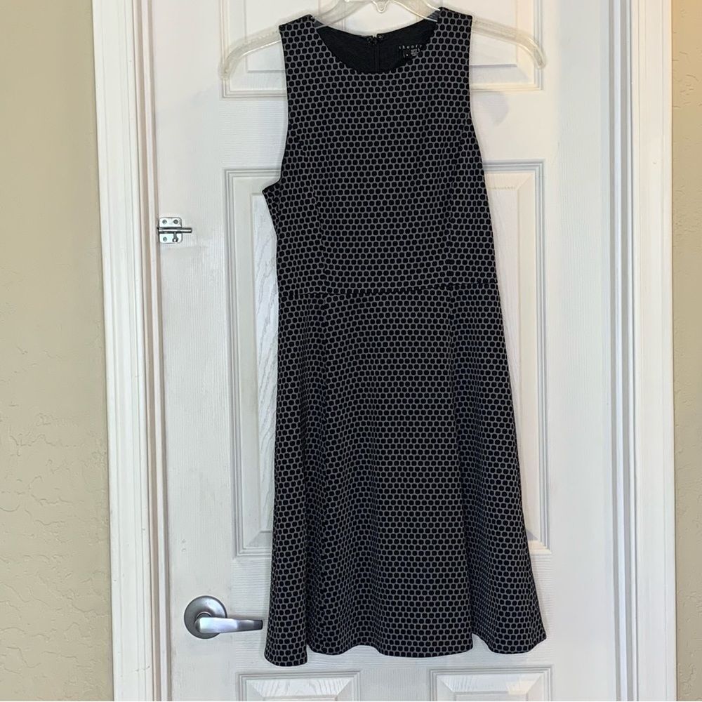 Theory Black & Gray Textured Dot Fit & Flare Dress Size 8